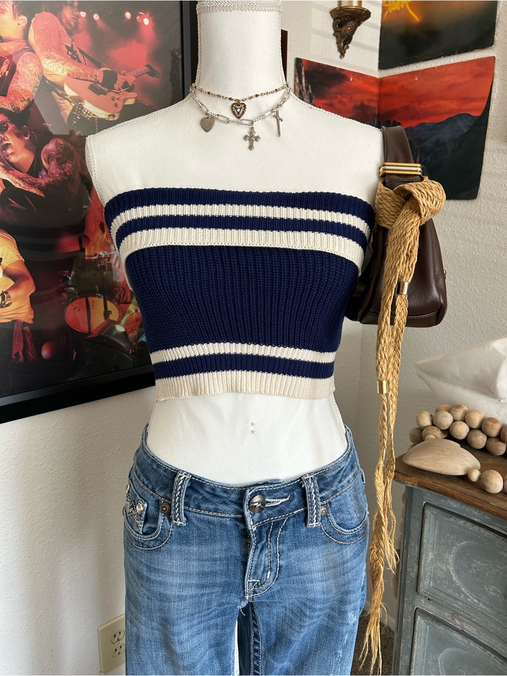 Forever 21 Cropped Sweater Womens Size L Knit Sleeveless Stripe Preppy Academia